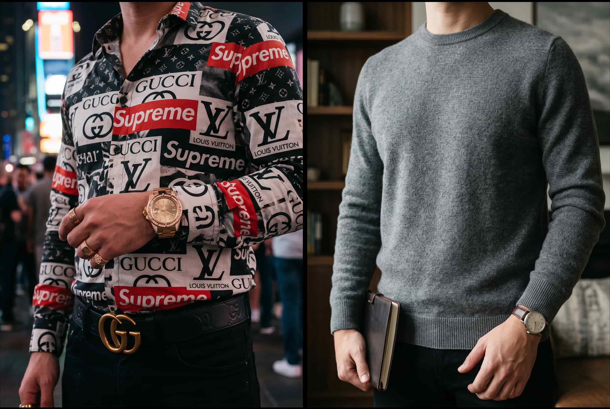 Contrast between logo-heavy luxury outfit and quiet disciplined menswear