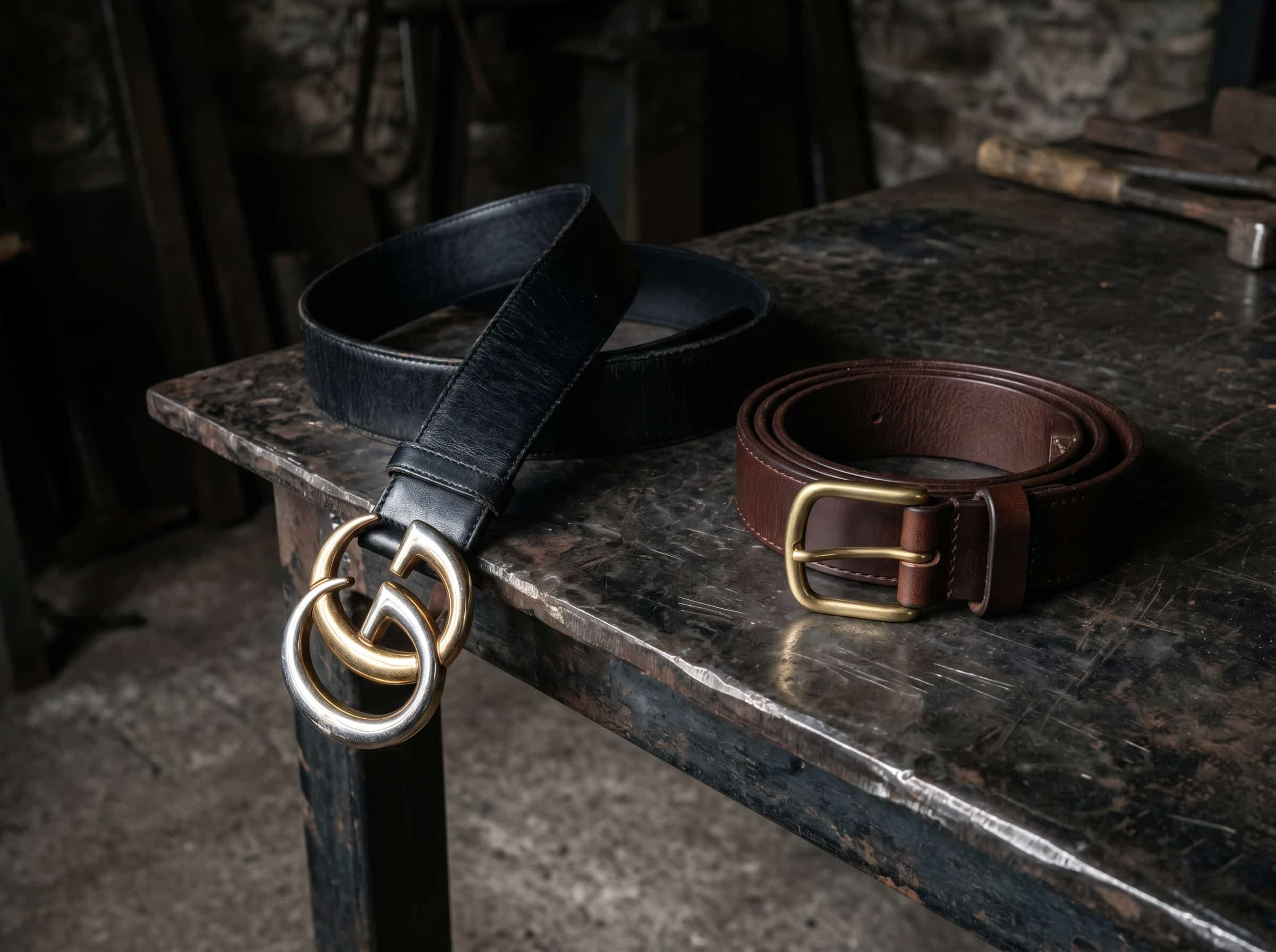 The quiet rejection of branded accessories Discarded logo belt versus understated leather belt, quiet luxury comparison