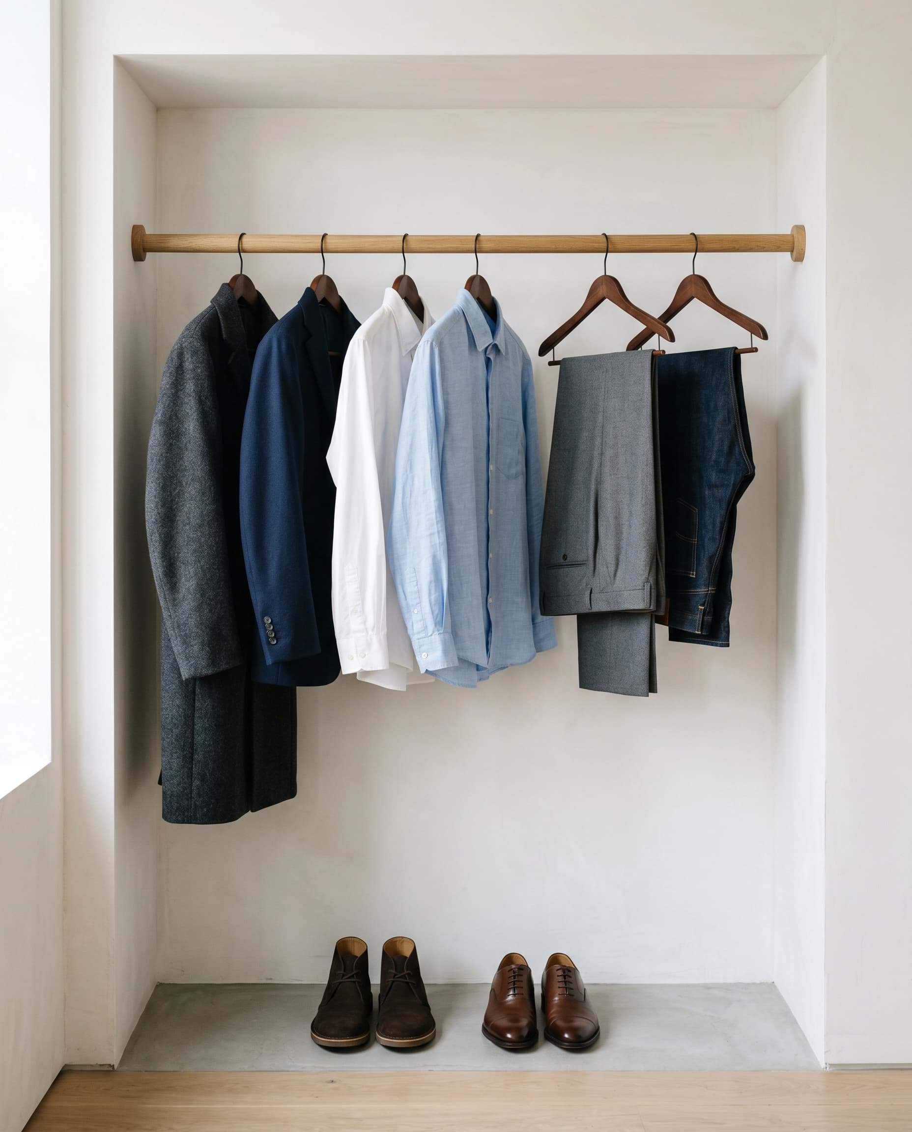 The silent system of a serious man’s wardrobe A curated quiet luxury capsule wardrobe hanging in a Manhattan apartment closet